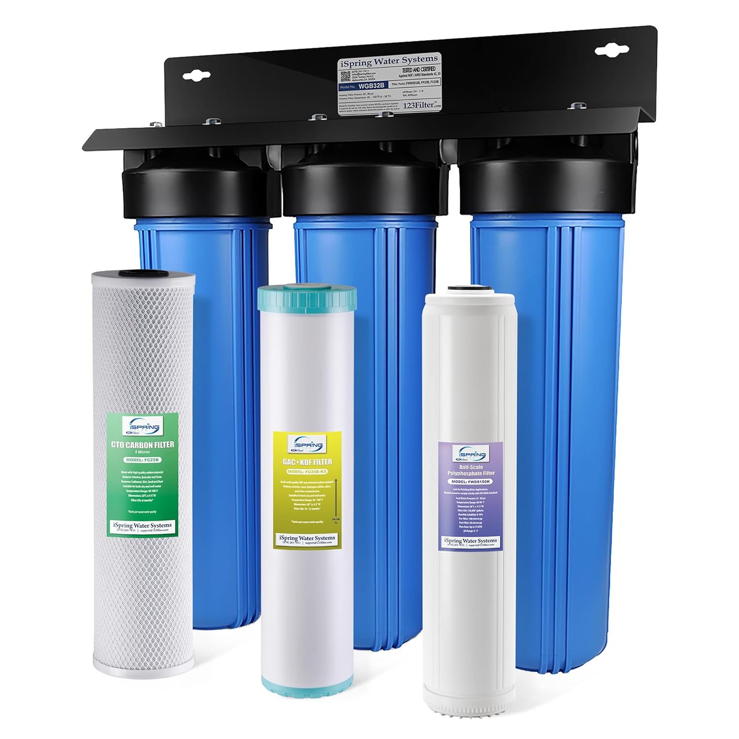 iSpring WGB32B-PB 3-stage whole-house Big Blue water filter with mounting bracket and three replacement cartridges